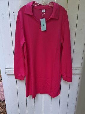 WIHOLL Pink Polo Collar Lounge Dress XL Long Sleeve Casual T-Shirt Dress NEW